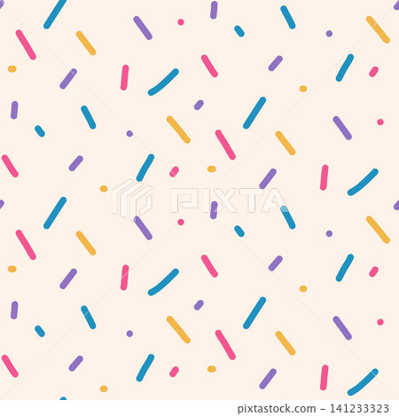 Abstract sprinkles and dots colorful seamless pattern. Small dash funky random sprinkles background. Simple birthday confetti wallpaper. Vector surface design. Fun party repeat illustration print Abstract sprinkles and dots colorful seamless pattern. Small dash funky random sprinkles background. Simple birthday confetti wallpaper. Vector surface design. Fun party repeat illustration print 141233323