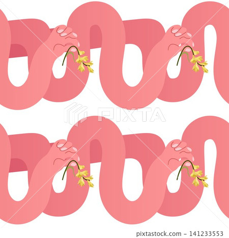 Pink hands seamless pattern with yellow daffodils for fabric wallpaper wrapping paper and playful spring decor Pink hands seamless pattern with yellow daffodils for fabric wallpaper wrapping paper and playful spring decor 141233553
