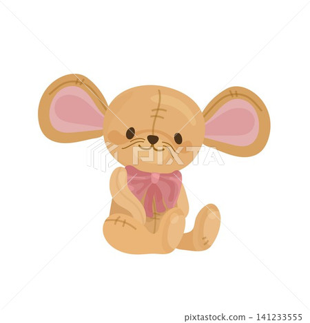 Cute plush mouse with pink bow isolated on white background for nursery prints stickers and baby cards 141233555