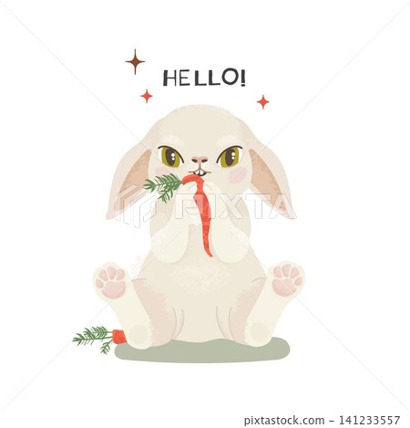 Cute white bunny eating a carrot isolated on white background for Easter cards nursery prints and stickers Cute white bunny eating a carrot isolated on white background for Easter cards nursery prints and stickers 141233557