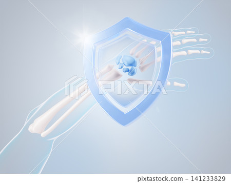3D medical illustration of transparent human hand and wrist skeleton anatomy model. Carpal bones structure with blue glass shield protection. Health insurance, joint healthcare and arthritis relief. 3D medical illustration of transparent human hand and wrist skeleton anatomy model. Carpal bones structure with blue glass shield protection. Health insurance, joint healthcare and arthritis relief. 141233829