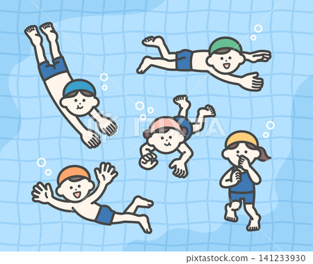 Children swimming happily in the pool Children swimming happily in the pool 141233930