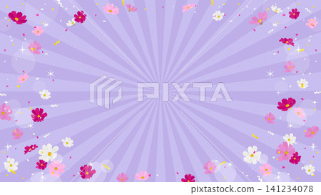 背景/邊框素材,包含波斯菊和飄落的五彩紙屑(橫向,16:9 寬高比) 背景/邊框素材,包含波斯菊和飄落的五彩紙屑(橫向,16:9 寬高比) 141234078