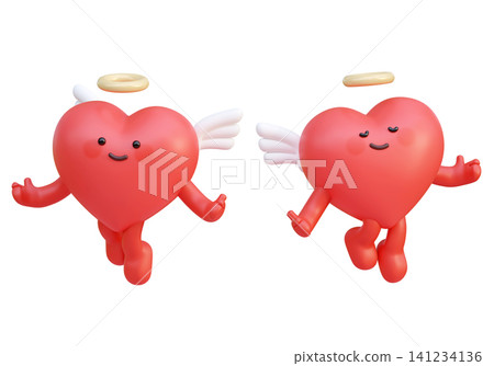 Cute 3D Angel Heart Character Flying with White Wings and Golden Halo Valentine Mascot 141234136