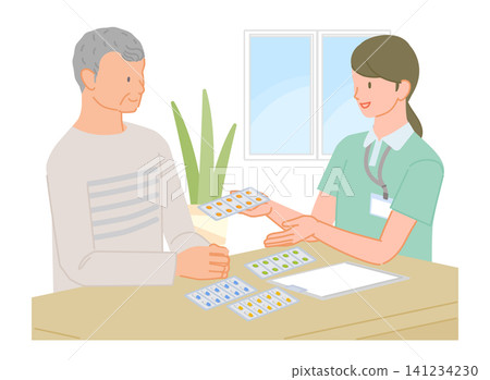 一位老年男子在家中接受醫護人員的用藥指導。 141234230