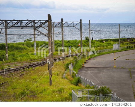 The railway tracks and the sea at the terminal station The railway tracks and the sea at the terminal station 141234261