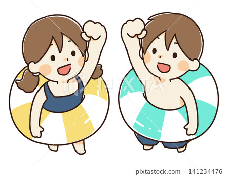 An illustration of children in swimsuits in a downward-looking pose. An illustration of children in swimsuits in a downward-looking pose. 141234476