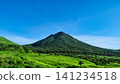 A view of Mount Yufu with its green caldera and blue sky in the background. 141234518