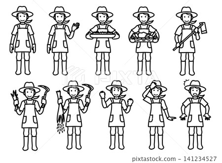 Illustration materials: A set of variations in poses and expressions of women working in agriculture. 141234527