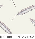 Vintage feather seamless pattern watercolor illustration on cream background. Antique quill pen for writer journalism branding, retro poetry poetry book cover, rustic calligraphy stationery print 141234708