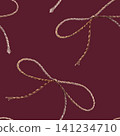 Vintage twine bow seamless pattern watercolor illustration on dark background. Craft string ribbon for premium pharmacy branding, luxury perfume packaging design, antique apothecary gift print 141234710