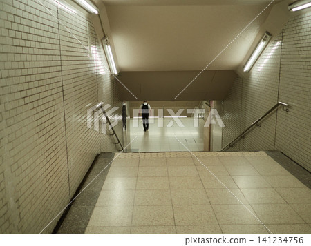 The back view of a male office worker descending the stairs in a subway passageway. The back view of a male office worker descending the stairs in a subway passageway. 141234756