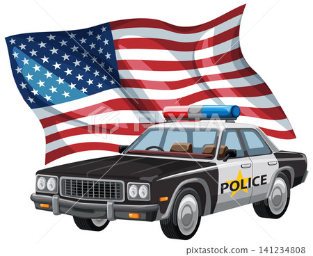 Classic Police Car with American Flag Illustration Classic Police Car with American Flag Illustration 141234808
