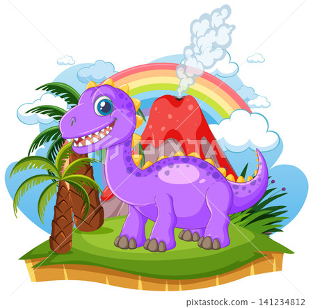 Cartoon Purple Brachiosaurus Standing in Prehistoric Landscape with Volcano and Rainbow Cartoon Purple Brachiosaurus Standing in Prehistoric Landscape with Volcano and Rainbow 141234812