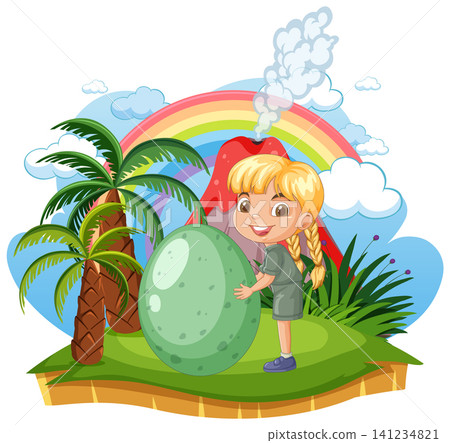 Cartoon Girl Holding Large Dinosaur Egg Near Volcano and Rainbow Cartoon Girl Holding Large Dinosaur Egg Near Volcano and Rainbow 141234821
