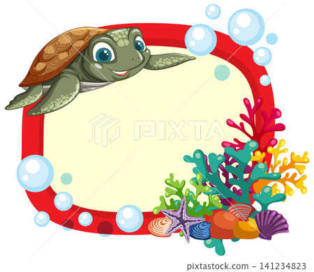 Cartoon Sea Turtle and Coral Reef Frame with Copy Space Cartoon Sea Turtle and Coral Reef Frame with Copy Space 141234823