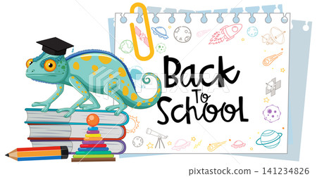 Back to School Vector Illustration with Chameleon and Educational Supplies Back to School Vector Illustration with Chameleon and Educational Supplies 141234826