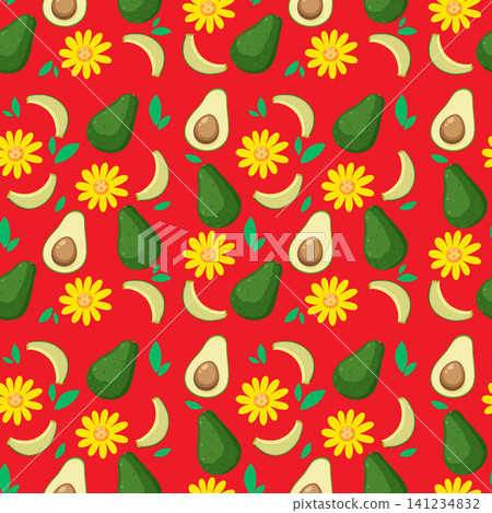 Seamless Vector Pattern with Avocado Halves and Yellow Flowers on Red Seamless Vector Pattern with Avocado Halves and Yellow Flowers on Red 141234832
