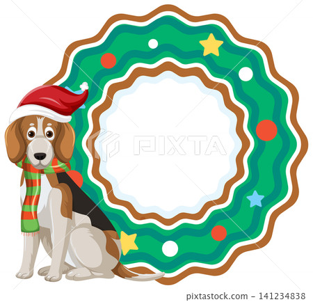 Beagle Dog Wearing Santa Hat Beside Festive Christmas Wreath Frame Beagle Dog Wearing Santa Hat Beside Festive Christmas Wreath Frame 141234838