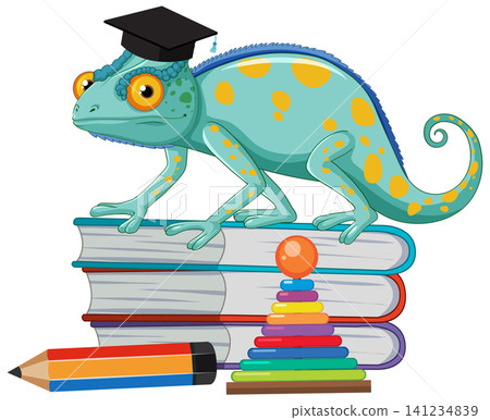 Cartoon Chameleon Wearing Graduation Cap Standing on Stack of School Books Cartoon Chameleon Wearing Graduation Cap Standing on Stack of School Books 141234839