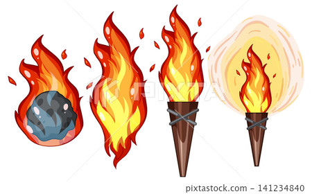 Burning Meteor and Flaming Torches Vector Illustration 141234840