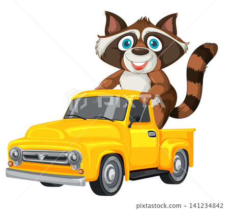 Cartoon Raccoon Driving Bright Yellow Pickup Truck 141234842