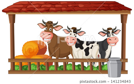 Three Cartoon Cows in Barn with Hay and Milk Can Three Cartoon Cows in Barn with Hay and Milk Can 141234843