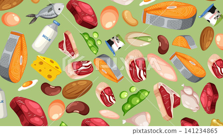 Flat Vector Illustration of High Protein Food Sources Pattern Flat Vector Illustration of High Protein Food Sources Pattern 141234865