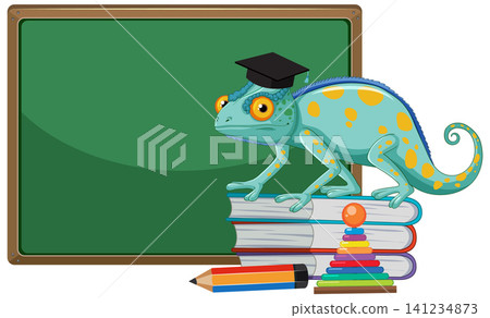 Cartoon Chameleon Wearing Graduation Cap Standing on Books Near Chalkboard Cartoon Chameleon Wearing Graduation Cap Standing on Books Near Chalkboard 141234873