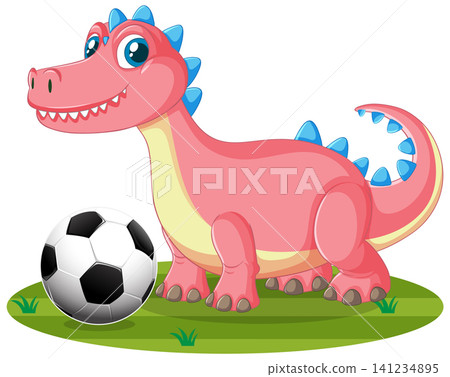 Cute Pink Cartoon Dinosaur Standing Next to a Soccer Ball Cute Pink Cartoon Dinosaur Standing Next to a Soccer Ball 141234895