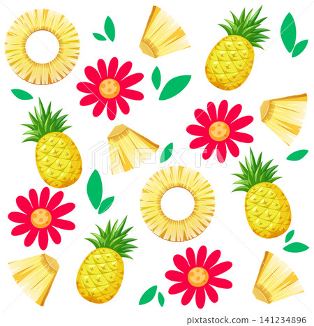 Seamless Tropical Pattern with Pineapples Flowers and Sliced Fruit Seamless Tropical Pattern with Pineapples Flowers and Sliced Fruit 141234896