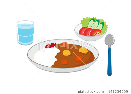 A vector illustration set of curry rice, salad, and water. A vector illustration set of curry rice, salad, and water. 141234909