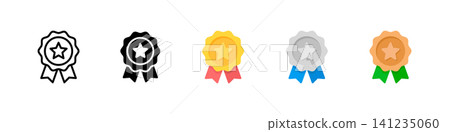 Gold, silver, and bronze rosette medal icon set 141235060