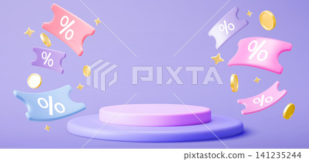Round stage podium and flying coupon tickets 141235244