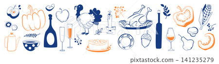 Hand drawn Thanksgiving icons, autumn doodle arts Hand drawn Thanksgiving icons, autumn doodle arts 141235279