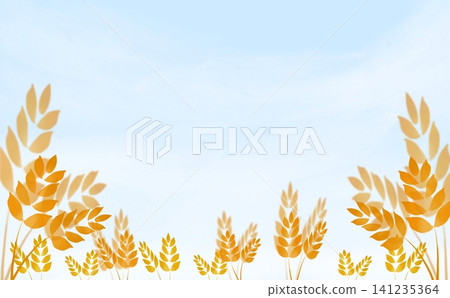 Illustration frame of golden wheat stalks spread across a light blue watercolor sky background. Illustration frame of golden wheat stalks spread across a light blue watercolor sky background. 141235364