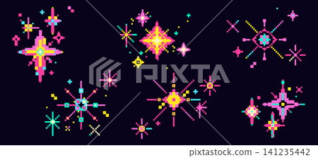 Pixel art star icons, vibrant y2k firework sparkle Pixel art star icons, vibrant y2k firework sparkle 141235442