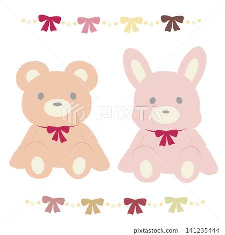 A bear and a rabbit plush toy wearing ribbons 141235444
