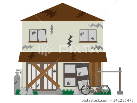 Image illustration of an abandoned house with bicycles and trash left behind. 141235475