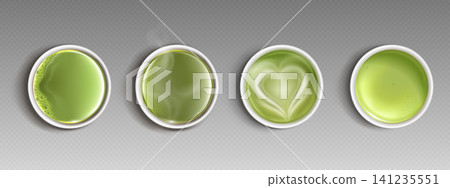 Green matcha and latte in white cup, top view, 141235551
