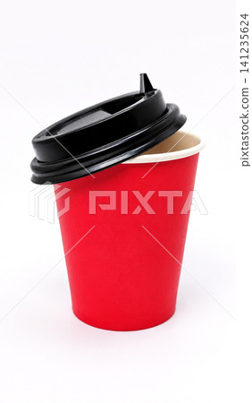Red Paper Coffee Cup with Black Lid Isolated on White Background Red Paper Coffee Cup with Black Lid Isolated on White Background 141235624