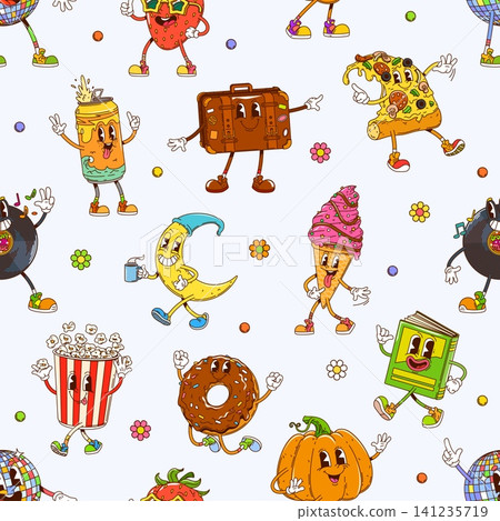Cartoon funny groovy characters seamless pattern background. Fabric vector seamless pattern with beer can, suitcase, pizza and moon, ice cream, popcorn and donut, pumpkin hippie groovy characters Cartoon funny groovy characters seamless pattern background. Fabric vector seamless pattern with beer can, suitcase, pizza and moon, ice cream, popcorn and donut, pumpkin hippie groovy characters 141235719