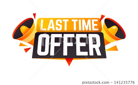Last time sale, price off offer deadline badge. Sale limited time advertising badge, price off last time promo vector label. Discount short period tag with two yellow megaphones and typography Last time sale, price off offer deadline badge. Sale limited time advertising badge, price off last time promo vector label. Discount short period tag with two yellow megaphones and typography 141235776