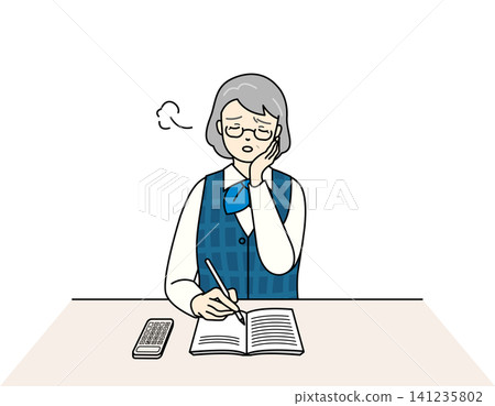 An illustration of a senior woman in an office uniform, sitting at her desk and working on accounting books, deep in thought. An illustration of a senior woman in an office uniform, sitting at her desk and working on accounting books, deep in thought. 141235802