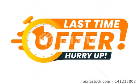 Last time sale, bargain deal offer countdown badge. Store deal last time offer promo sticker, short period sale vector badge. Limited time discount label with graphic yellow stopwatch and typography Last time sale, bargain deal offer countdown badge. Store deal last time offer promo sticker, short period sale vector badge. Limited time discount label with graphic yellow stopwatch and typography 141235808