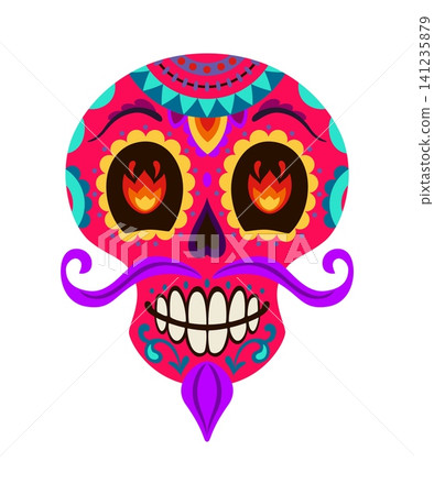 Day of the Dead party mustached red calavera sugar skull. Dia de Los Muertos carnival calavera, Day of the Dead ornate vector mans sugar skull with violet mustaches, flower ornament and flames in eyes Day of the Dead party mustached red calavera sugar skull. Dia de Los Muertos carnival calavera, Day of the Dead ornate vector mans sugar skull with violet mustaches, flower ornament and flames in eyes 141235879