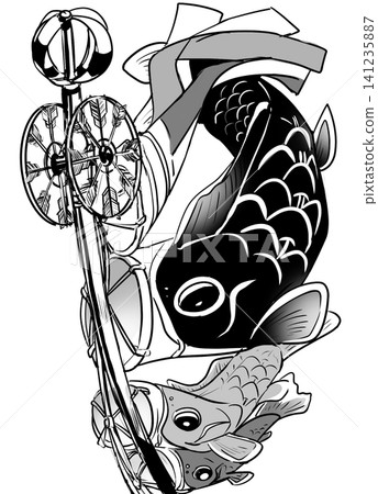 一幅單色插圖，描繪了鯉魚飄帶在空中游動的景象。 141235887