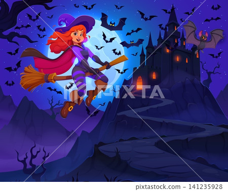Flying witch and abandoned castle, Halloween holiday vector banner. Cartoon cute redhead woman wearing witch hat and cape costume, flying on magic broom broom in night sky with spooky black bats Flying witch and abandoned castle, Halloween holiday vector banner. Cartoon cute redhead woman wearing witch hat and cape costume, flying on magic broom broom in night sky with spooky black bats 141235928