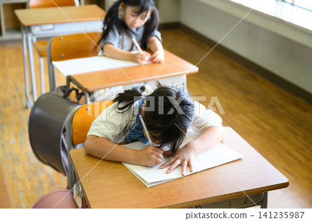 A female elementary school student smiles as she looks at her notebook while receiving individual tutoring from a female teacher in the classroom. 141235987
