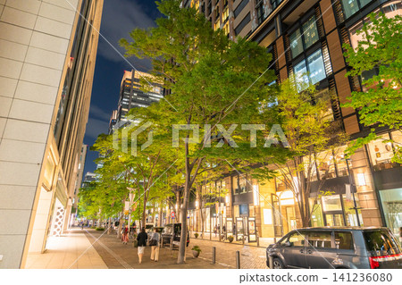 丸之內仲通的夜景以及綠樹成蔭的辦公區。 丸之內仲通的夜景以及綠樹成蔭的辦公區。 141236080